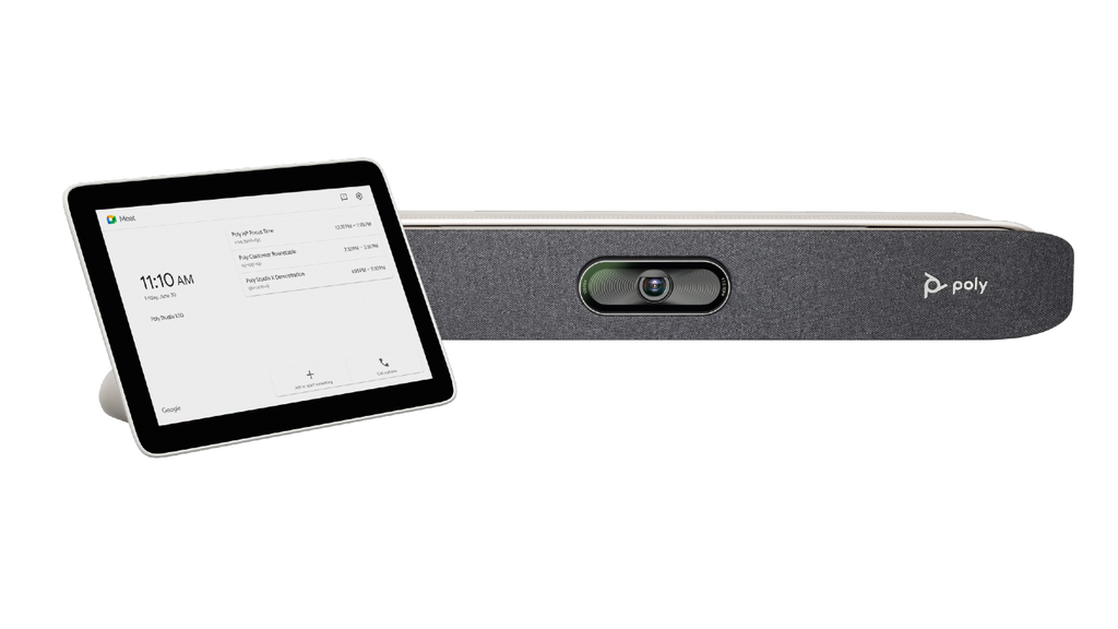 An image of the Poly Studio X30 video bar and the Poly TC8 touch controller.