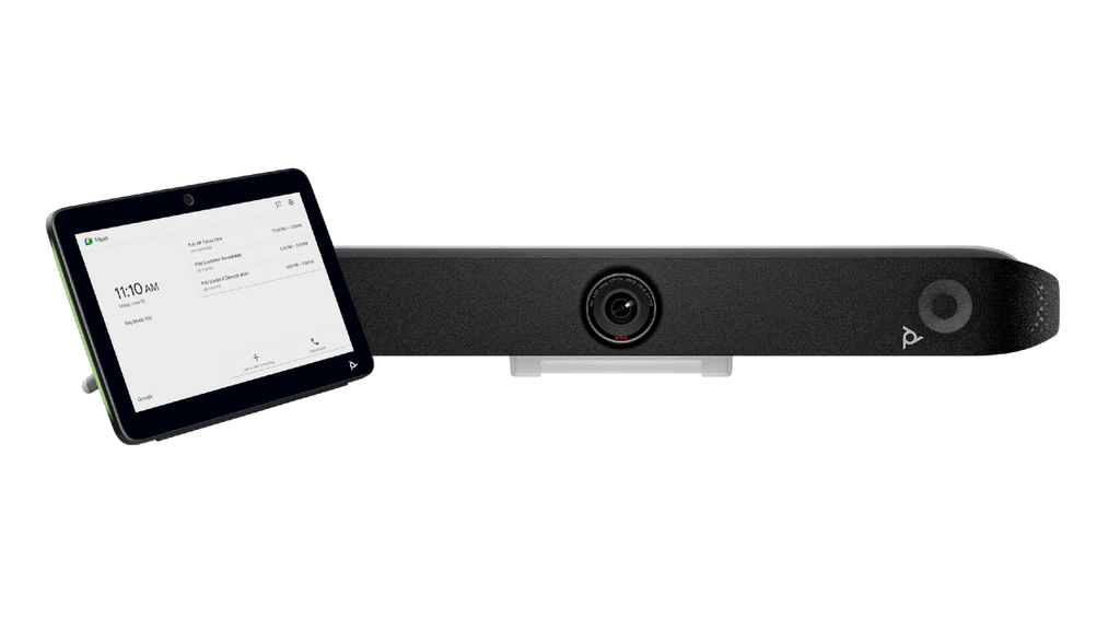 An image of the Poly Studio X52 video bar and the Poly TC10 touch controller.