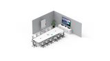 An image of a meeting space. At the front of the room there is a TV screen mounted on a wall. On the table underneath the display sits a Rally Camera and two Rally Speakers. There is another table in the middle of the room with thirteen chairs around it and a Logitech Tap and two Rally Mic Pods on top.