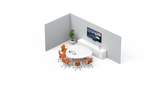 An image of a meeting space. At the front of the room there is a TV screen with a Logitech MeetUp mounted below the display. In front of the screen there is a table with five chairs around it and a Logitech Tap on top.