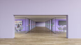 An image of an office with five meeting rooms each side. Outside each meeting room, a Logitech Tap Scheduler is mounted on the wall. This makes it easy to see meeting room availability from a distance. On the left-hand side of the hallway, each Tap Scheduler is lighting up red. This indicates that the meeting rooms are all booked. On the right-hand side, each Tap Scheduler is lighting up green to show that they are available for use.