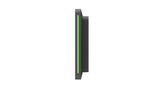 An image of the side of the Logitech Tap Scheduler in graphite. The LED lights along the side of the Tap Scheduler are green, indicating that the meeting room is available.