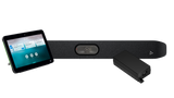 A picture of: a video bar, the HP Poly Studio X32; a touch controller, the HP Poly TC10; and a PoE++ power supply. The touch controller is towards the left of the image and the power supply is towards the right of the image; and both are in front of the video bar.
