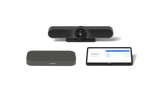 A product image of the Logitech Small Room Solution with MeetUp for Google Meet. The kit includes the MeetUp all-in-one video conference camera, the CTL Compute System and the Logitech Tap touch controller.