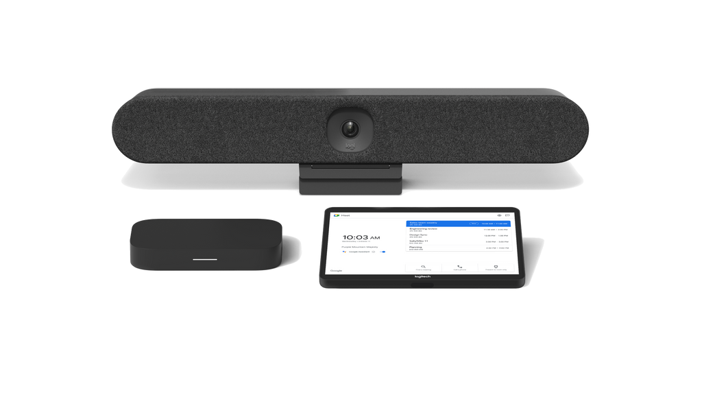 A product image of the Logitech Huddle Room Solution with Rally Bar Huddle for Google Meet. The kit includes the Rally Bar Huddle all-in-one video conference camera, the CTL Compute System and the Logitech Tap touch controller.
