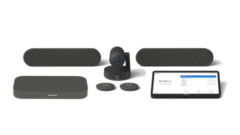 A product image of the Logitech Large Room Solution with Rally Plus for Google Meet. The kit includes the Logitech Rally Camera, the CTL Compute System, the Logitech Tap touch controller, two Rally Speakers and two Rally Mic Pods.