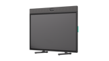 A photo of the graphite Logitech Rally Board 65 with table legs. The device is pointed at a 30-degree angle with a green stylus attached to the side of the device.