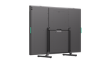 A photo of the back of the graphite Logitech Rally Board 65 with table legs. A green stylus is attached to the side of the device.