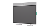 A photo of the off-white Logitech Rally Board 65 with table legs. The device is pointed at a 30-degree angle with a green stylus attached to the side of the device.