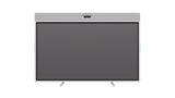 A front-view photo of the white Logitech Rally Board 65 with table legs.