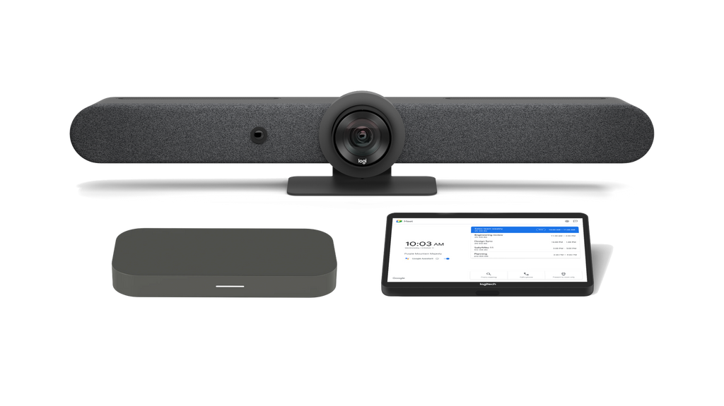 An image of the Logitech Medium Room Solution with Rally Bar for Google Meet. The kit includes the Rally Bar all-in-one video conference camera, the CTL Compute System and the Logitech Tap.