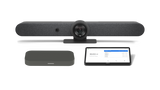 An image of the Logitech Medium Room Solution with Rally Bar for Google Meet. The kit includes the Rally Bar all-in-one video conference camera, the CTL Compute System and the Logitech Tap.