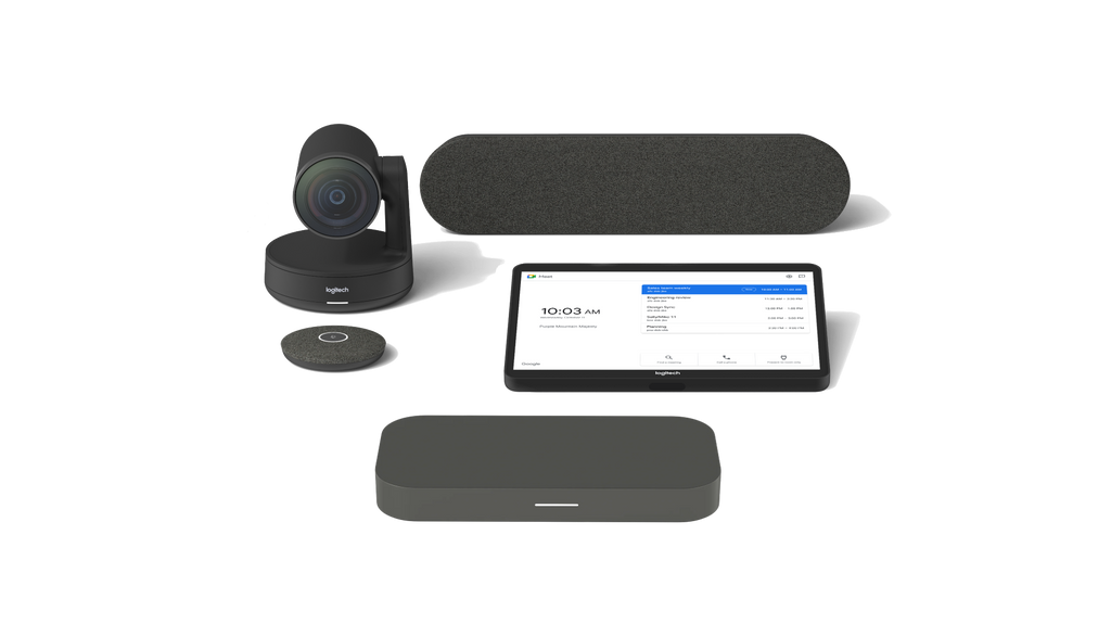 A product image of the Logitech Medium Room Solution with Rally System for Google Meet. The kit includes the Logitech Rally Camera, the CTL Compute System, the Logitech Tap touch controller, the Rally Speaker and Rally Mic Pod.