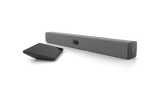 An angled view of the Neat Bar 2, a video bar for video conferencing. It is dark grey in colour. Next to it is a tablet-style touchscreen, the Neat Pad.