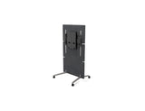 A photo of the Neat adaptive stand. The stand has four wheels and a large grey panel. A black mounting bracket is visible and attached to the upper centre of the panel.