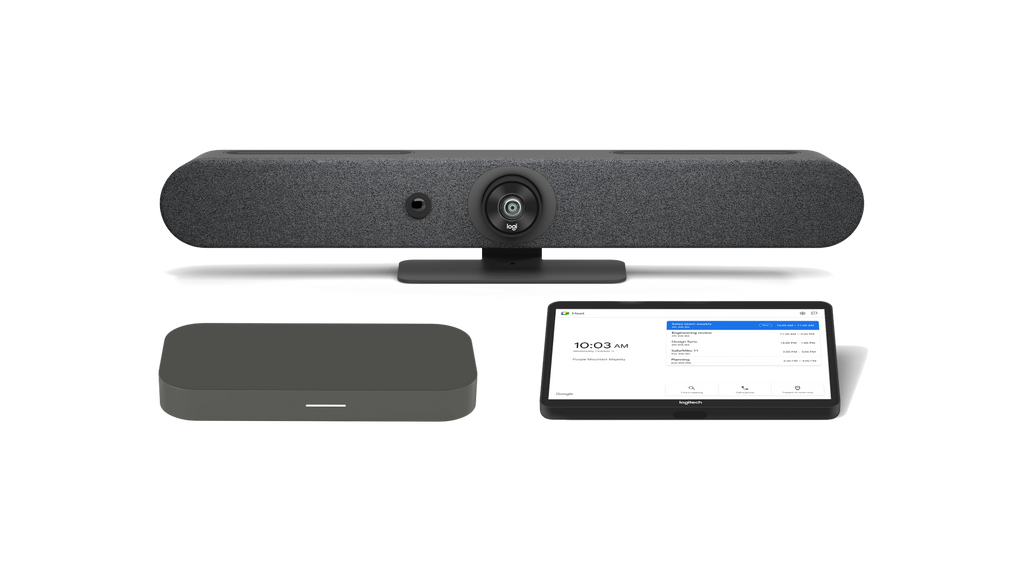 An image of the Logitech Small Room Solution with Rally Bar Mini for Google Meet. The kit includes the Rally Bar Mini all-in-one video conference camera, the CTL Compute System and the Logitech Tap touch controller.