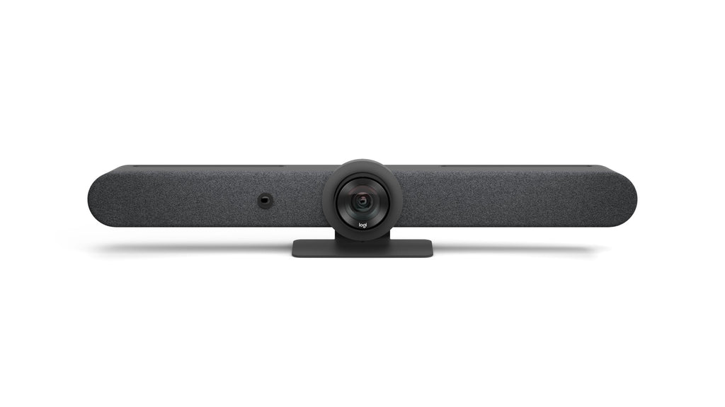 A front-facing product image of the Logitech Rally Bar.