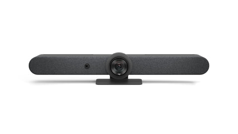 A front-facing product image of the Logitech Rally Bar.