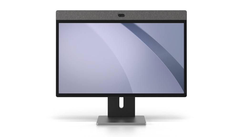 A front-view photo of the Neat Board 32 mounted on the adaptive table stand. A purple wallpaper background is shown on the screen.