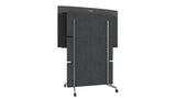 A photo of the back of the Neat Board Pro mounted on the adaptive stand. The stand has four wheels at its base and a large acoustic panel. The Neat logo is visible at the top of the back of the Neat Board Pro.