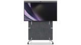 A front-facing photo of the Neat Board Pro on the adaptive stand. The stand has four wheels at its base and a large acoustic panel.