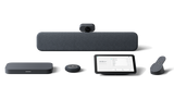 An image of the Google Meet Series One Medium+ bundle. The bundle consists of a Google Meet Compute System, Smart Camera, Smart Audio Bar, Mic Pod, Touch Controller and Remote Control.