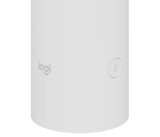 A close-up image of the microphone mute button on the Logitech Sight in white. The button is on the side of the device, and the “Logi” logo is on the front.