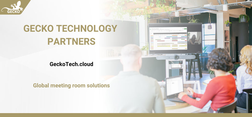 An image with text reading "Gecko Technology Partners. GeckoTech.cloud. Global meeting room solutions". The image is of the Logitech Rally Bar mounted to an AV cart.